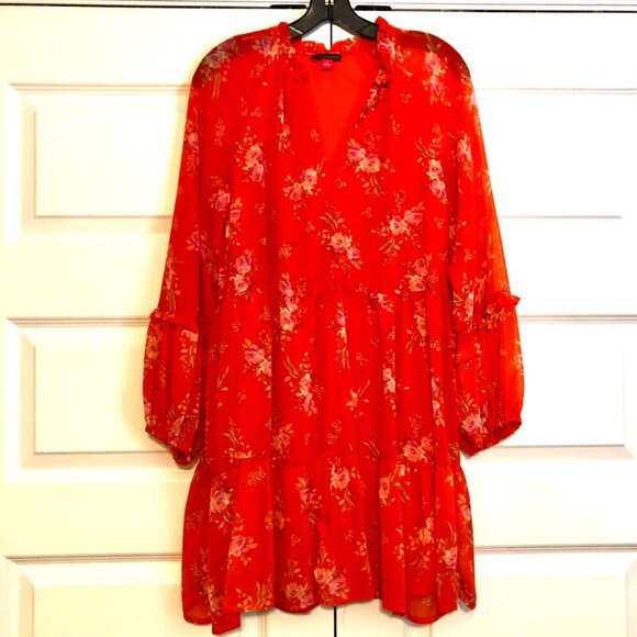 NWT VINCE CAMUTO 3-Tier Chiffon Balloon Sleeve Baby-doll Mini Dress Orange S - Picture 4 of 8